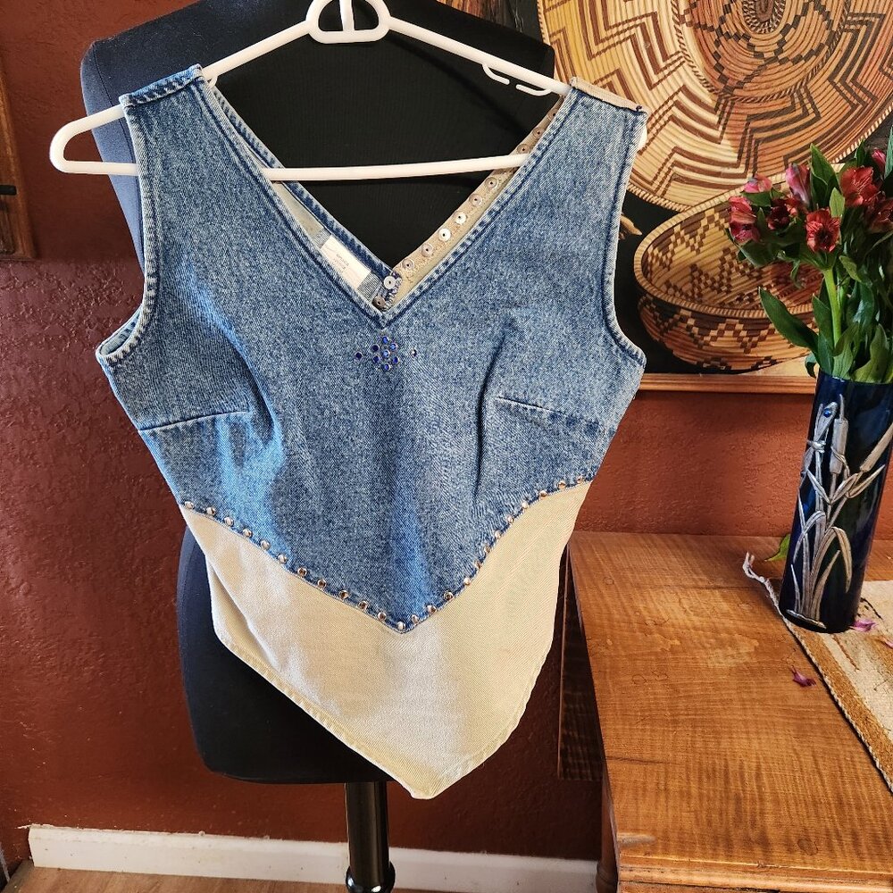 Wrangler Blue & Beige Denim Sleeveless Top Decorated blue Stone, silver studs SP